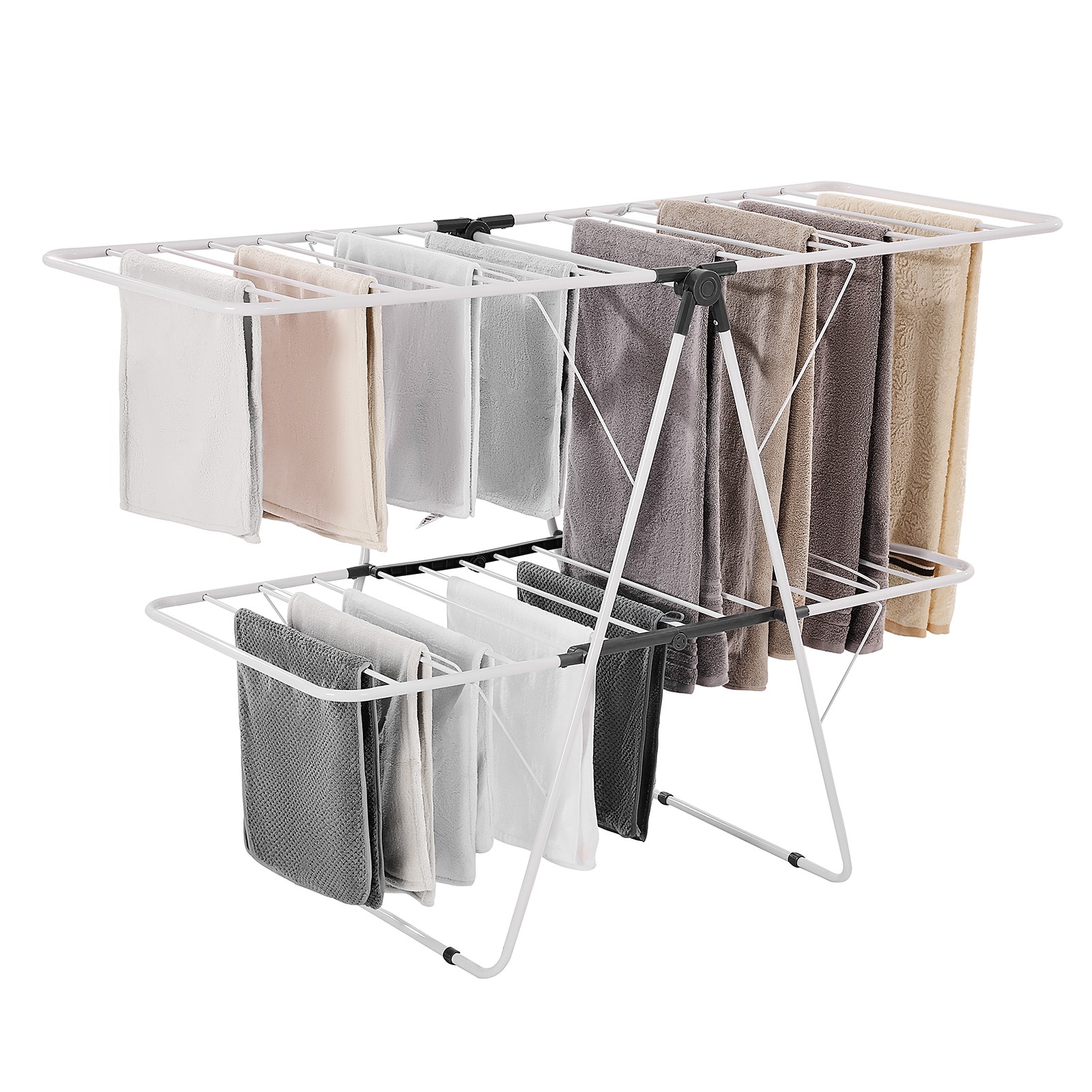2-Tier Foldable Clothes Drying Rack with Sock Clips & 31 Drying Rods White