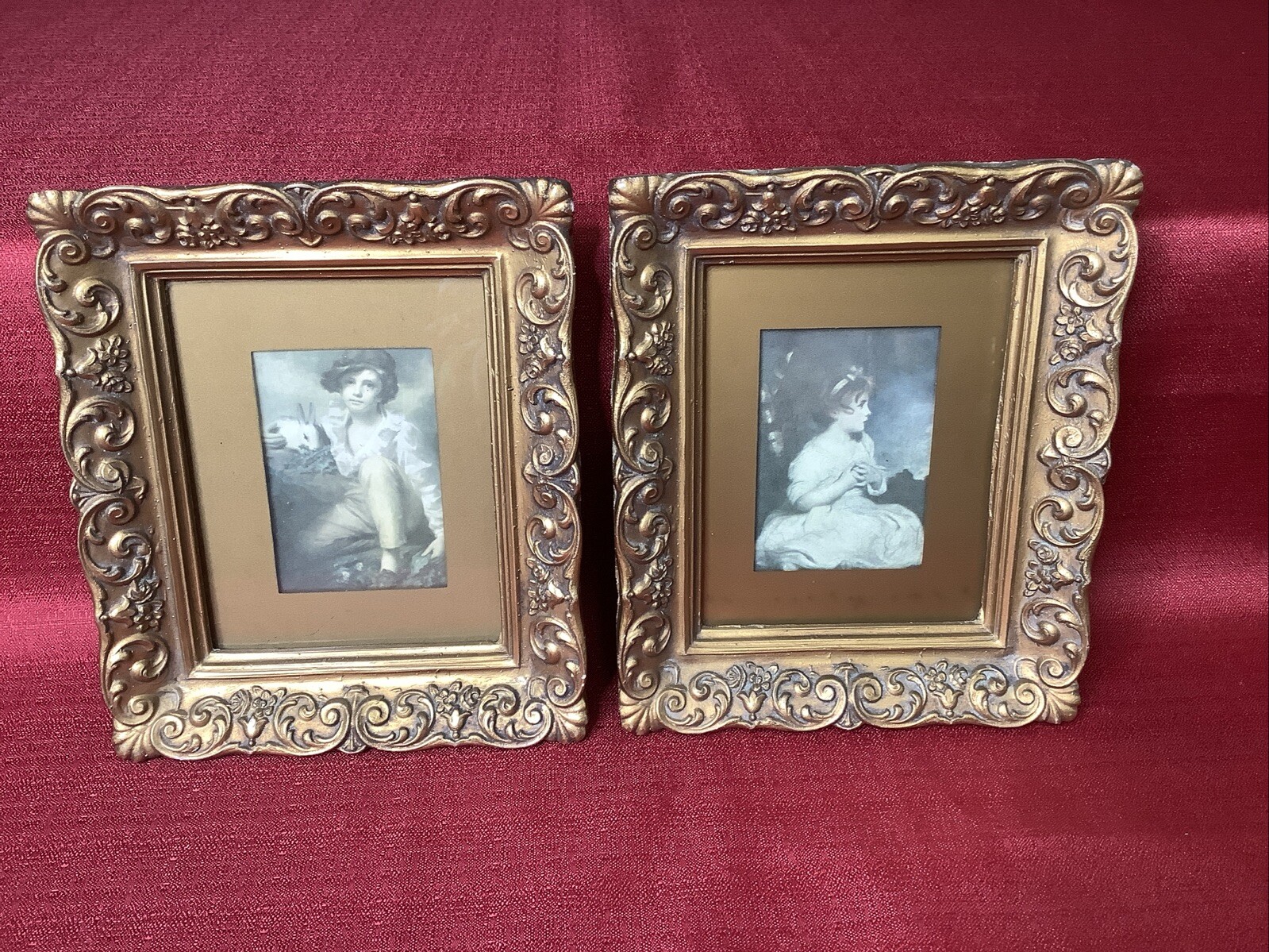 Boy With A Rabbit “ Innocence Of A Child” 7x 6" Gold Ornate Framed Set Of 2 Vtg