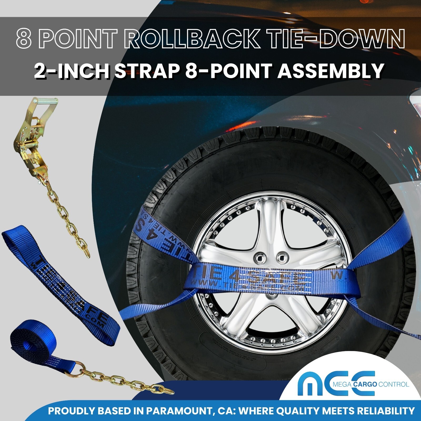 8 Point Roll Back Tie Down System w/ Chain Ends for Car Hauler Carrier Tow Truck