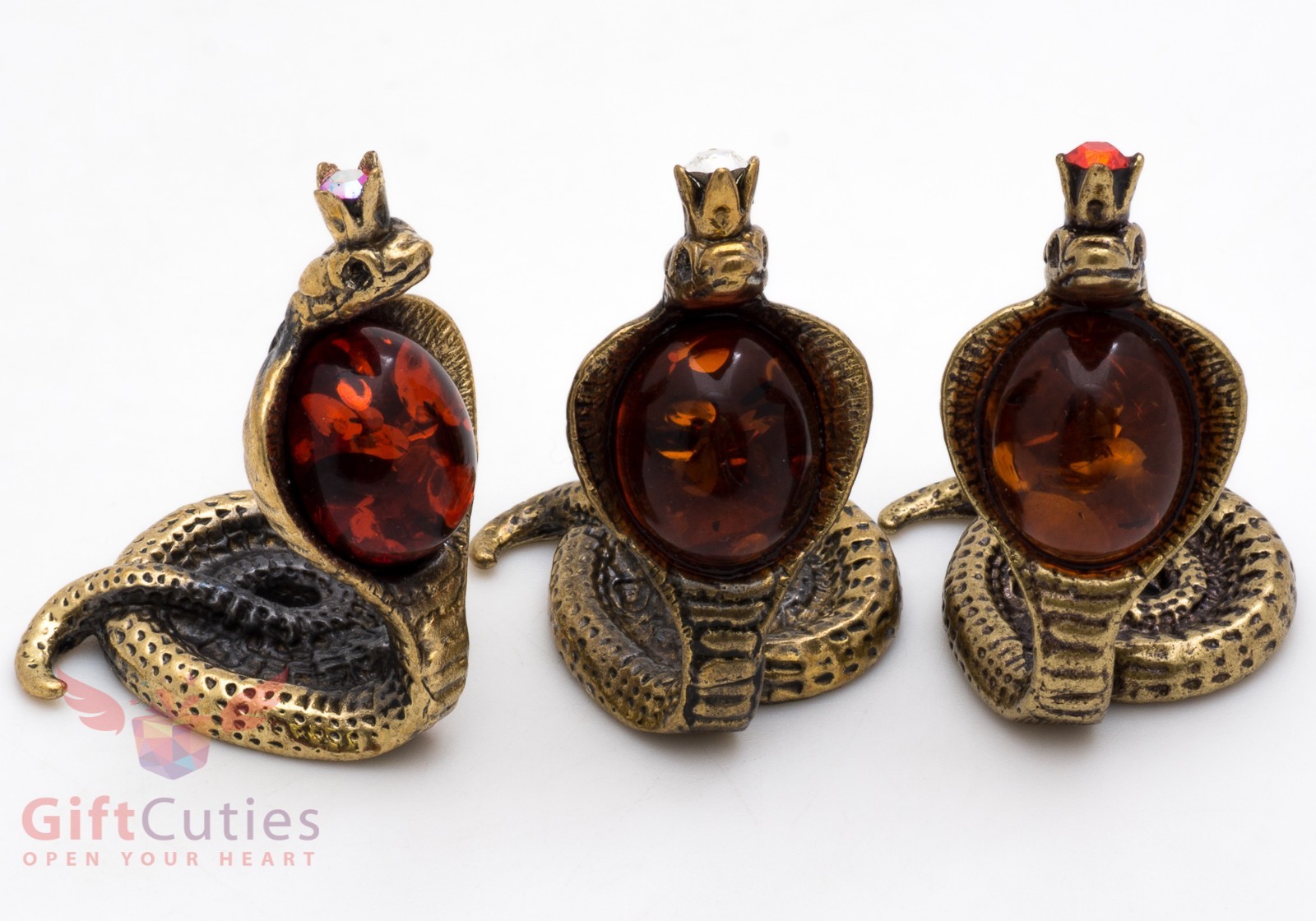 Solid Brass Amber Figurine Amulet Hood Flared Indian Cobra Snake IronWork