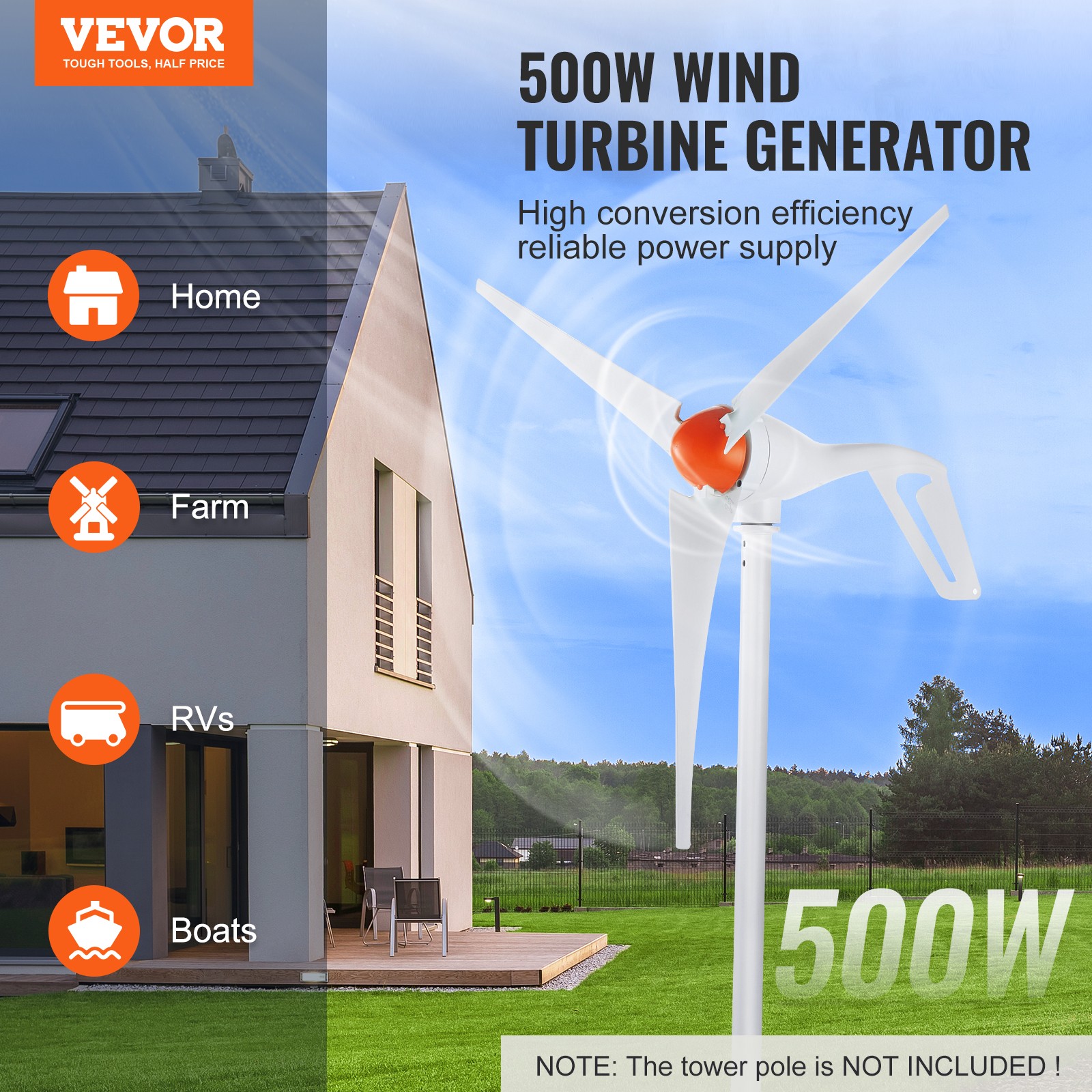VEVOR 500W Wind Turbine Generator 12V 3-Blade Wind Turbine Kit & MPPT Controller