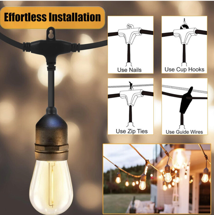 48FT LED Outdoor String Lights Shatterproof Bulbs Commercial Patio Party Garden