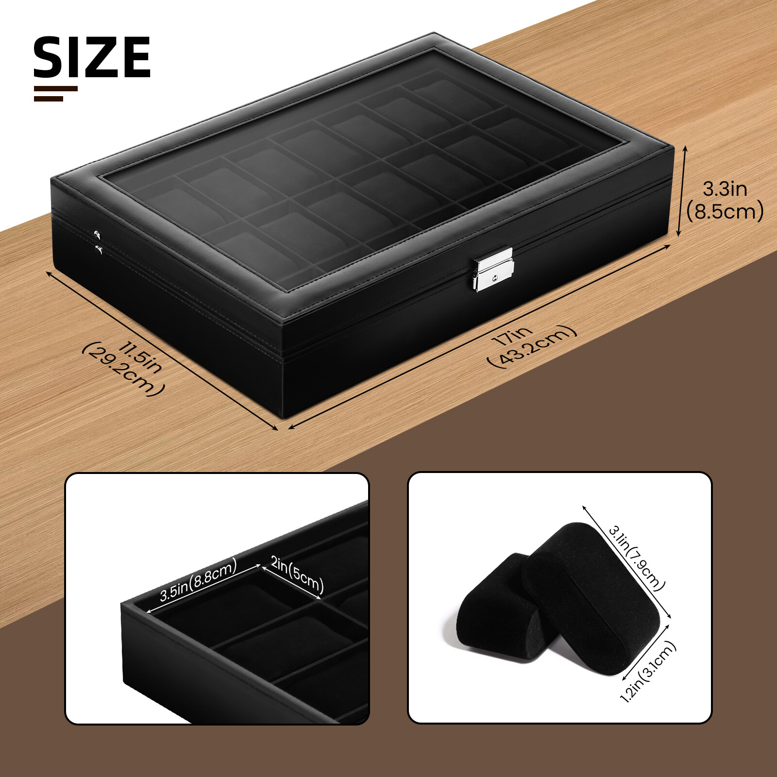 24 Slots Watch Case Box PU Leather Glass Lid Jewelry Organizer Display Case Gift