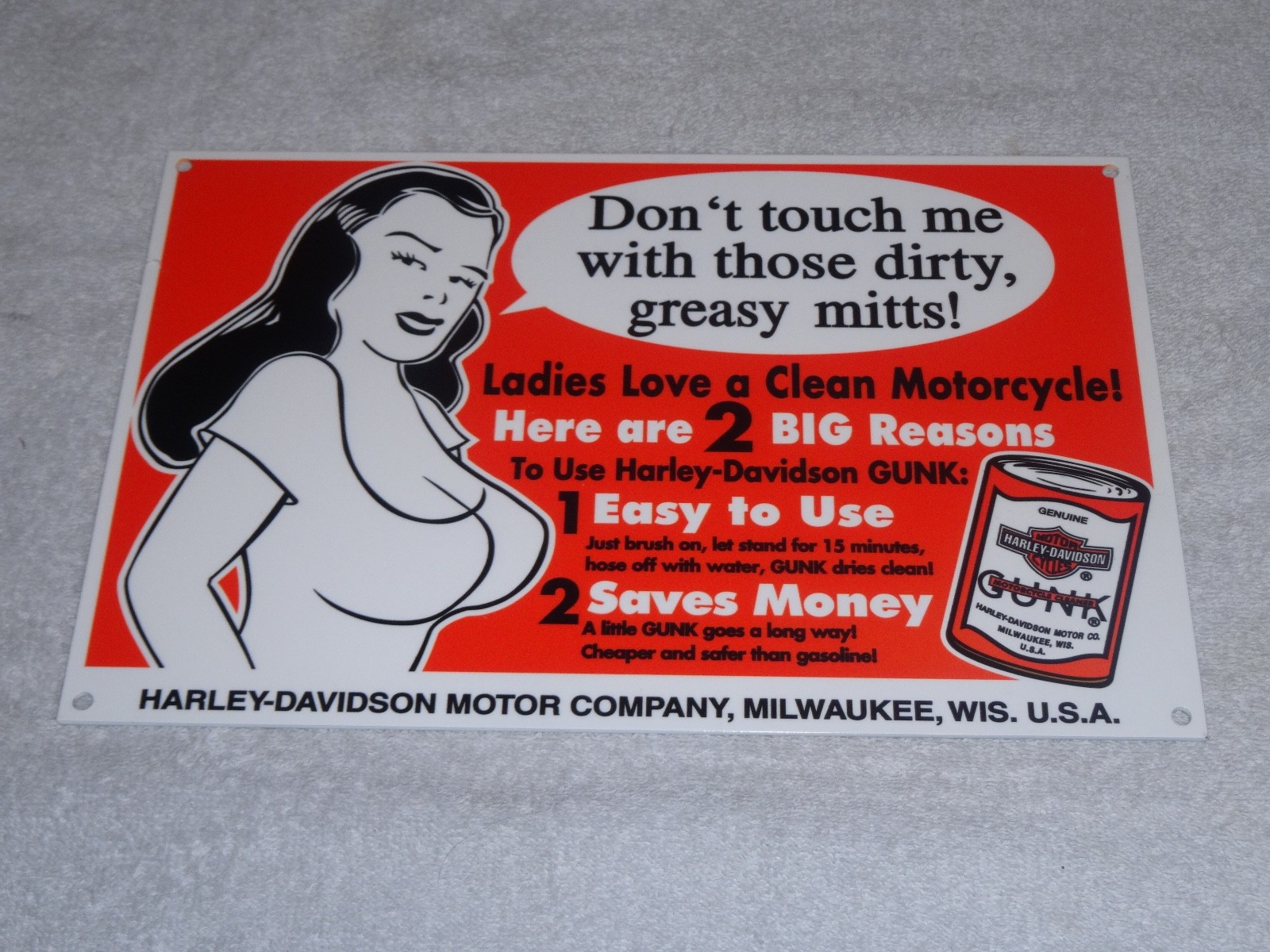 VINTAGE HARLEY DAVIDSON MOTORCYCLE GUNK WOMAN 12" MOTOR CYCLE GASOLINE OIL SIGN!