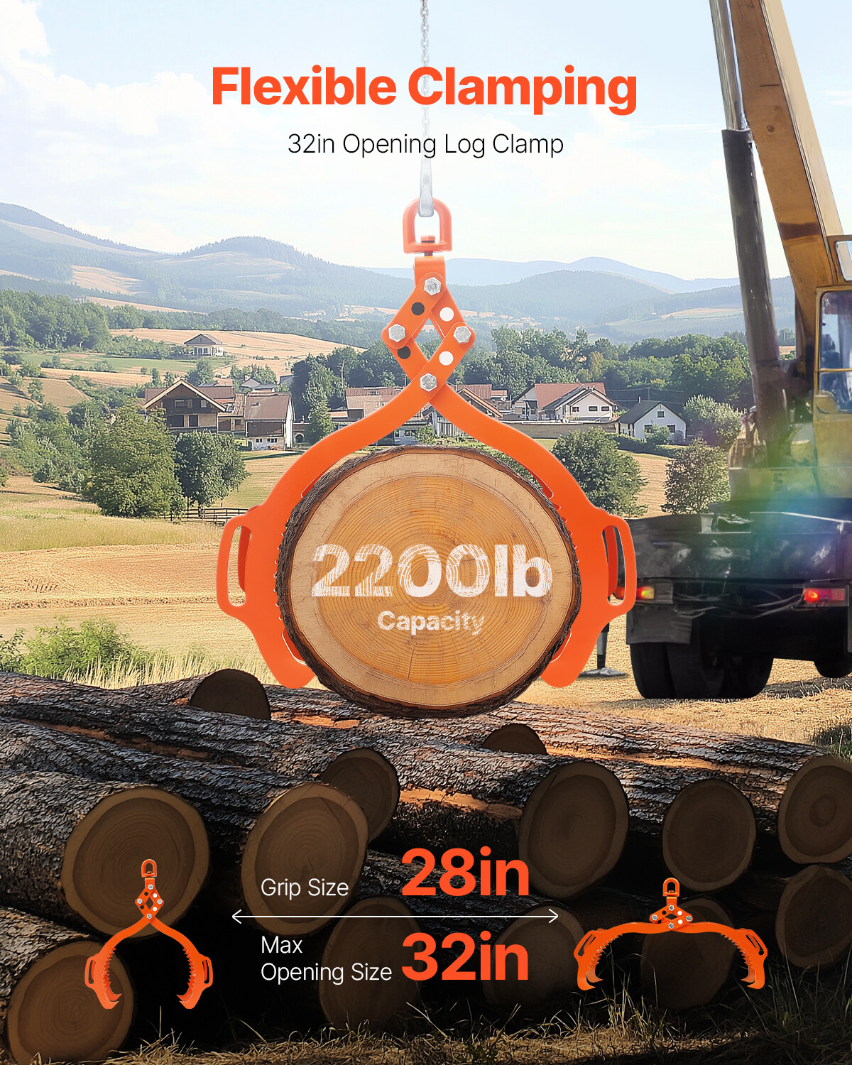 32in Log Lifting Tongs 4 Claw Solid Steel Log Grapple Swivel Log Tools