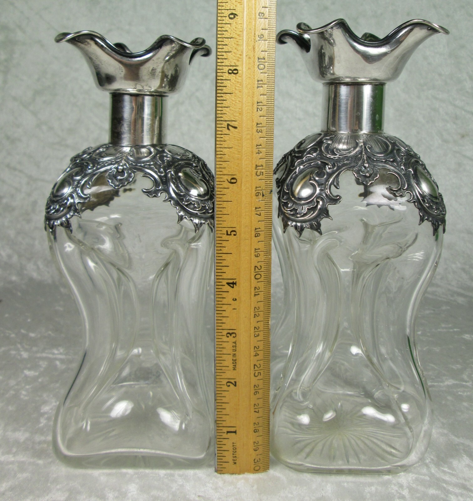 Wilhelm Binder Art Nouveau Decanters 800 Silver Overlay Pinched Glass Antique
