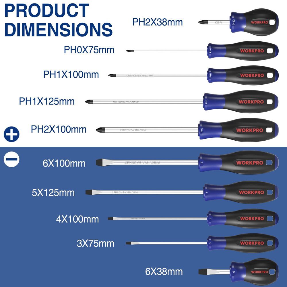 WORKPRO 10-Piece Magnetic Screwdriver Set Phillips Slotted Flat Head Screwdriver