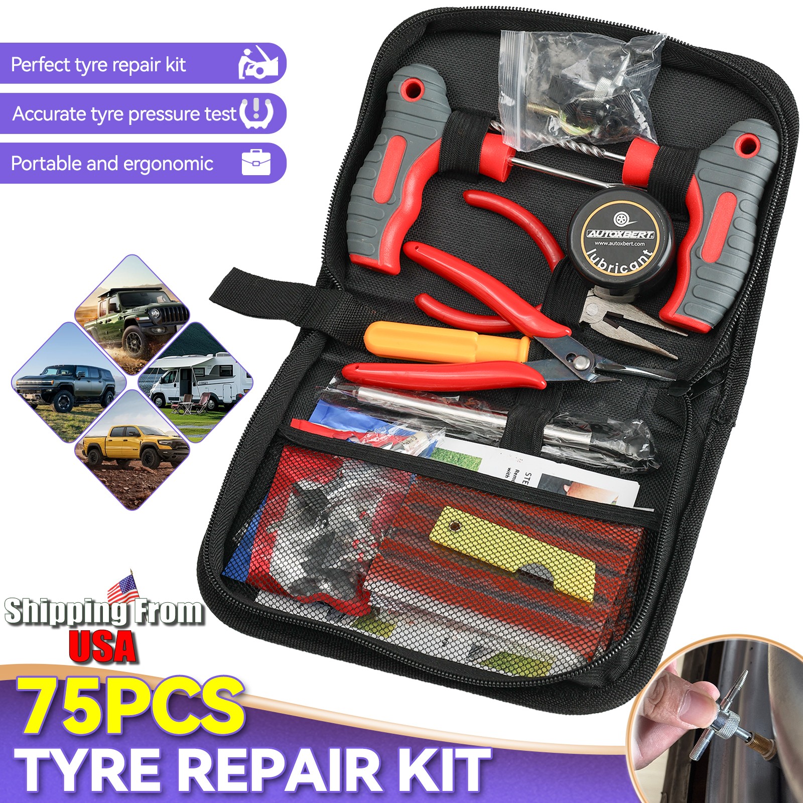 75PCS Tire-Puncture Repair Kit Heavy Duty Offroad Plugs For Tubeless Tire US