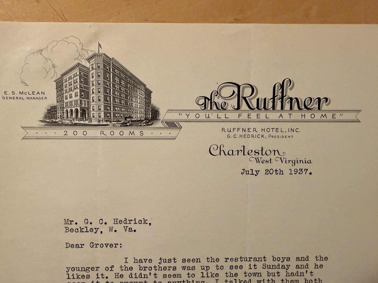 Ruffner Hotel Charleston WV 1920s-1930s Correspondence Handwritten Typed