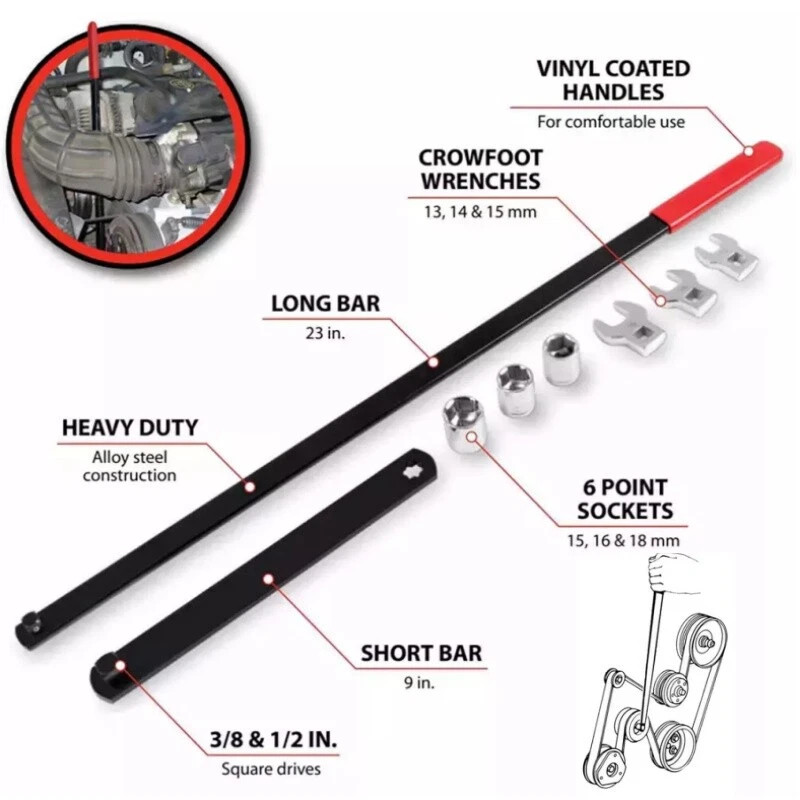 8PC Serpentine Belt Tension Tool 1/2" 3/8" Square Universal Belt Removal Wrech