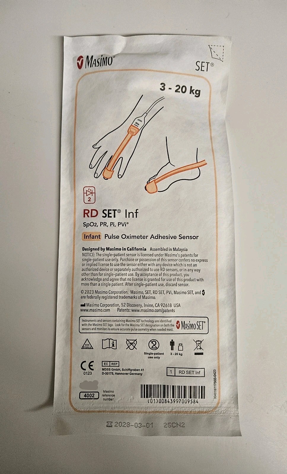 Masimo Infant Pulse Oximeter Adhesive Sensor, Lot Of 20. Ref: 4002 (3-20 kg)