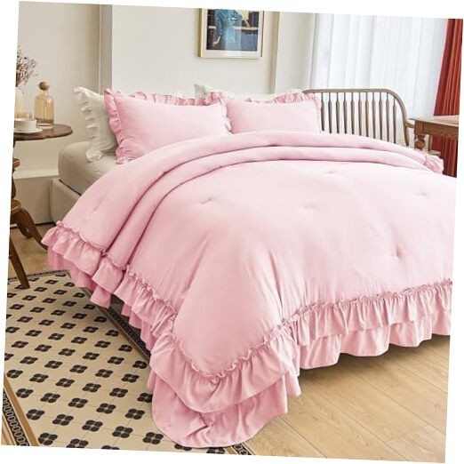 Ruffle Comforter Set 3 Pieces Vintage Ruffle Fringe Queen Peach Pink