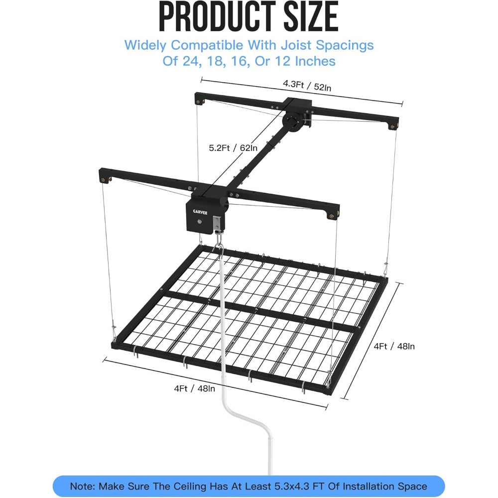 Overhead Garage Storage Rack Lift 350lb Capacity Adjustable Height Ceiling Mount
