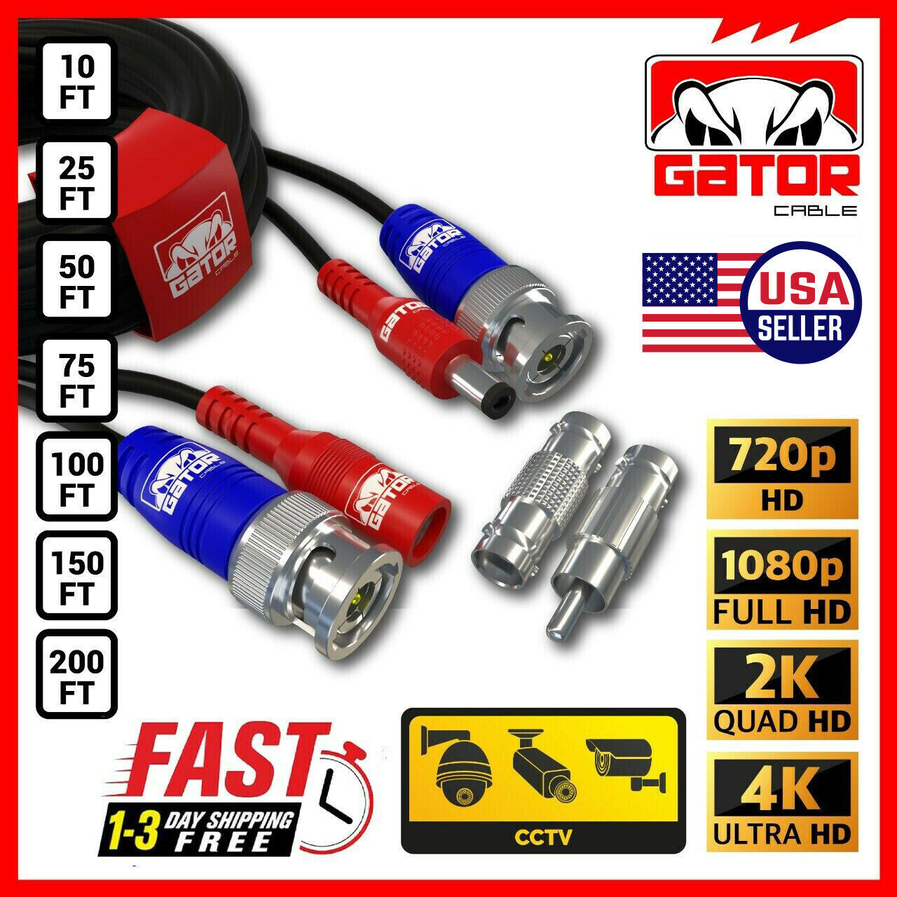 CCTV Cable Camera Security Surveillance BNC Extension Wire DC Power Video DVR HD