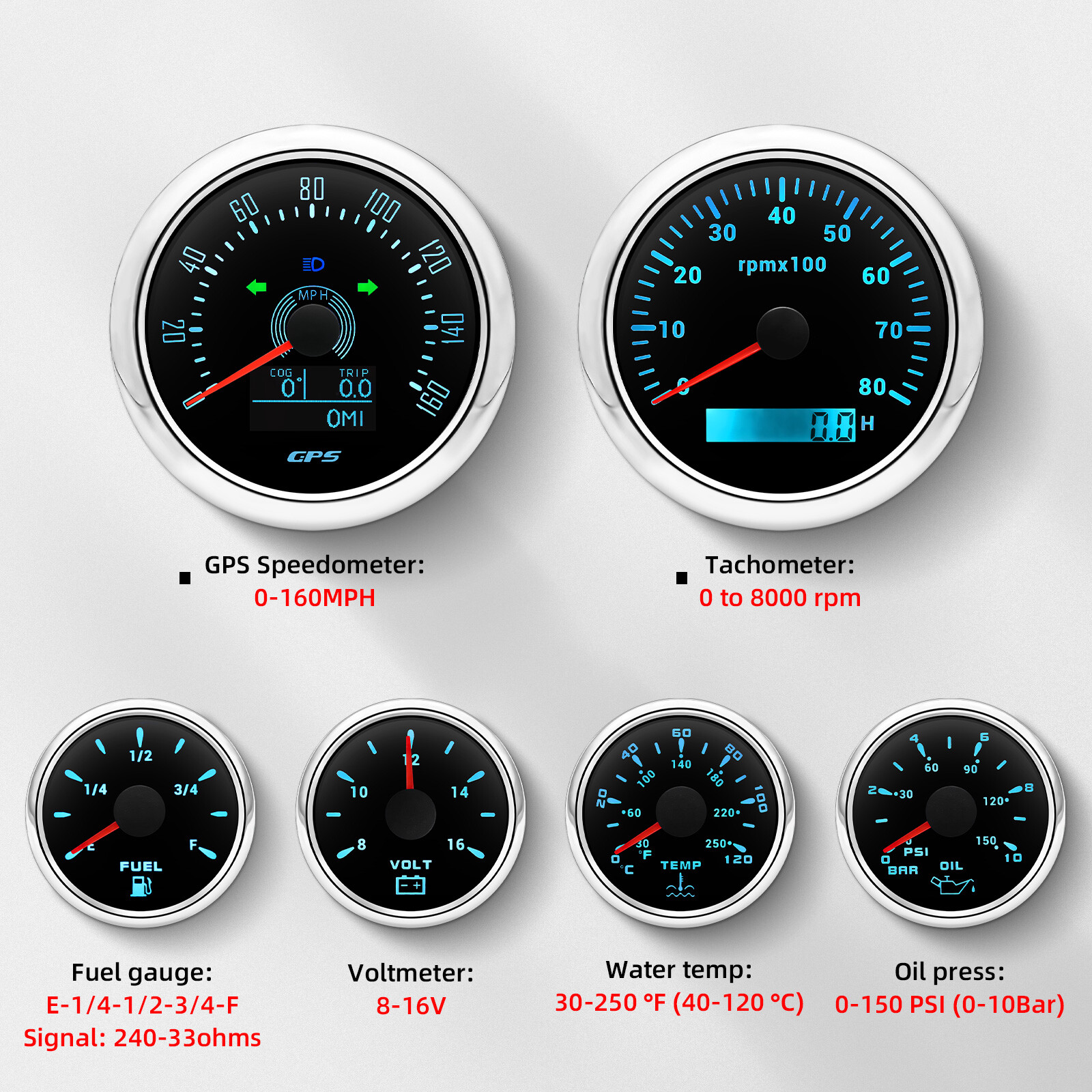 6 Gauge Set 85mm GPS Speedometer 160MPH Tacho&52mm Fuel/Oil/Temp/Volt Gauge US