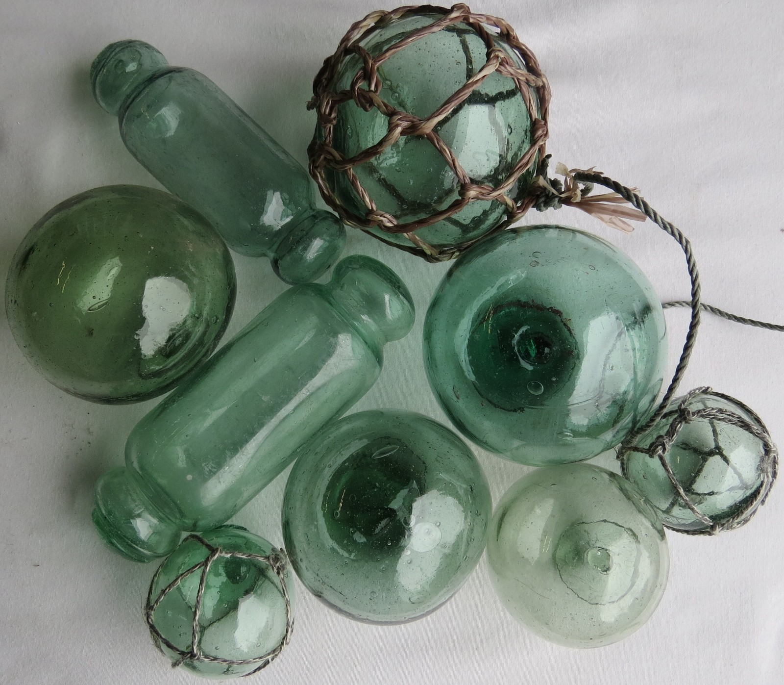 Japanese GLASS FLOATS (9) Sea Greens Mixed Sizes, Shape, Fishing Antiques USA BZ