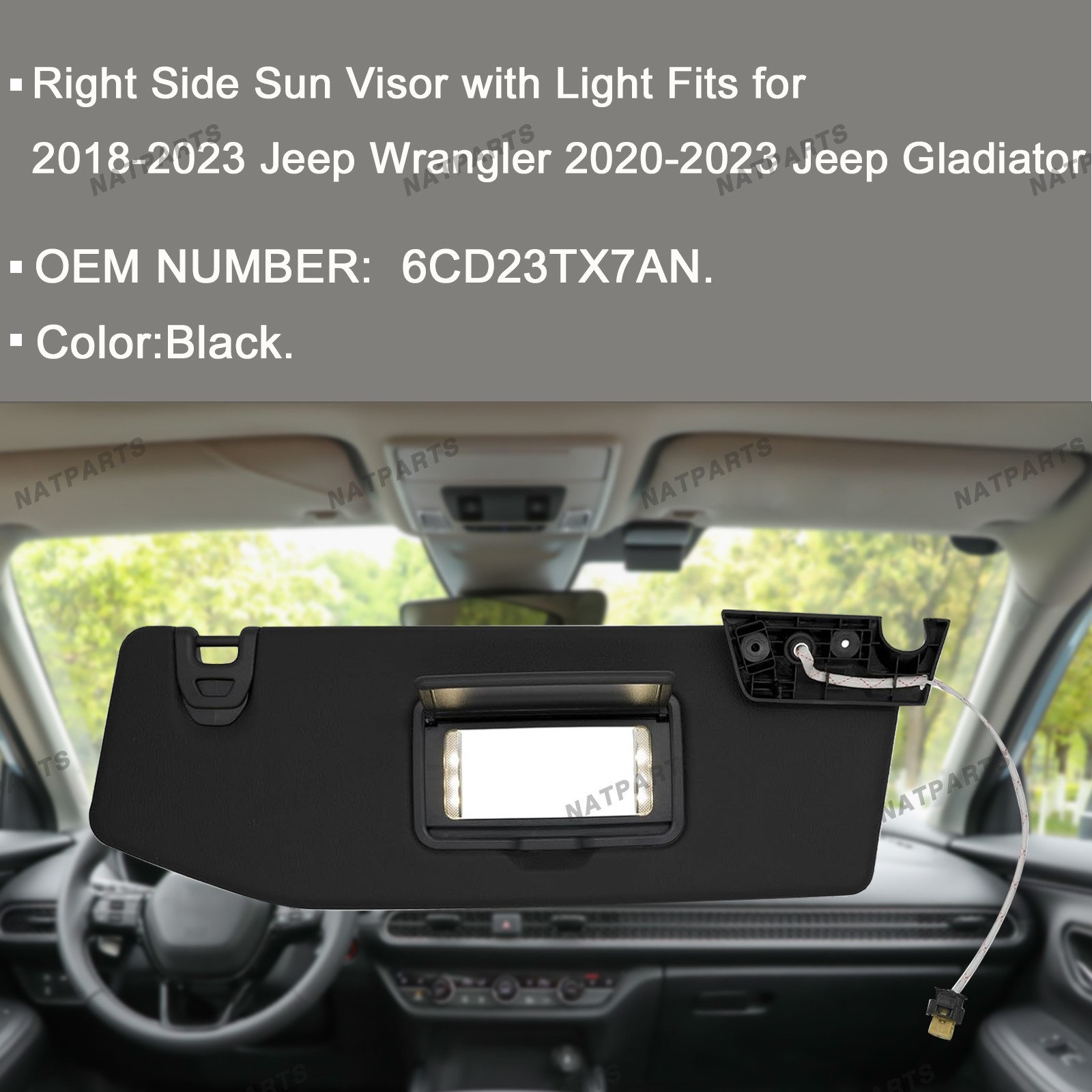 Right Sun Visor W/ Light for18-23 JeepWrangler 20-23 JeepGladiator 6CD23TX7AN