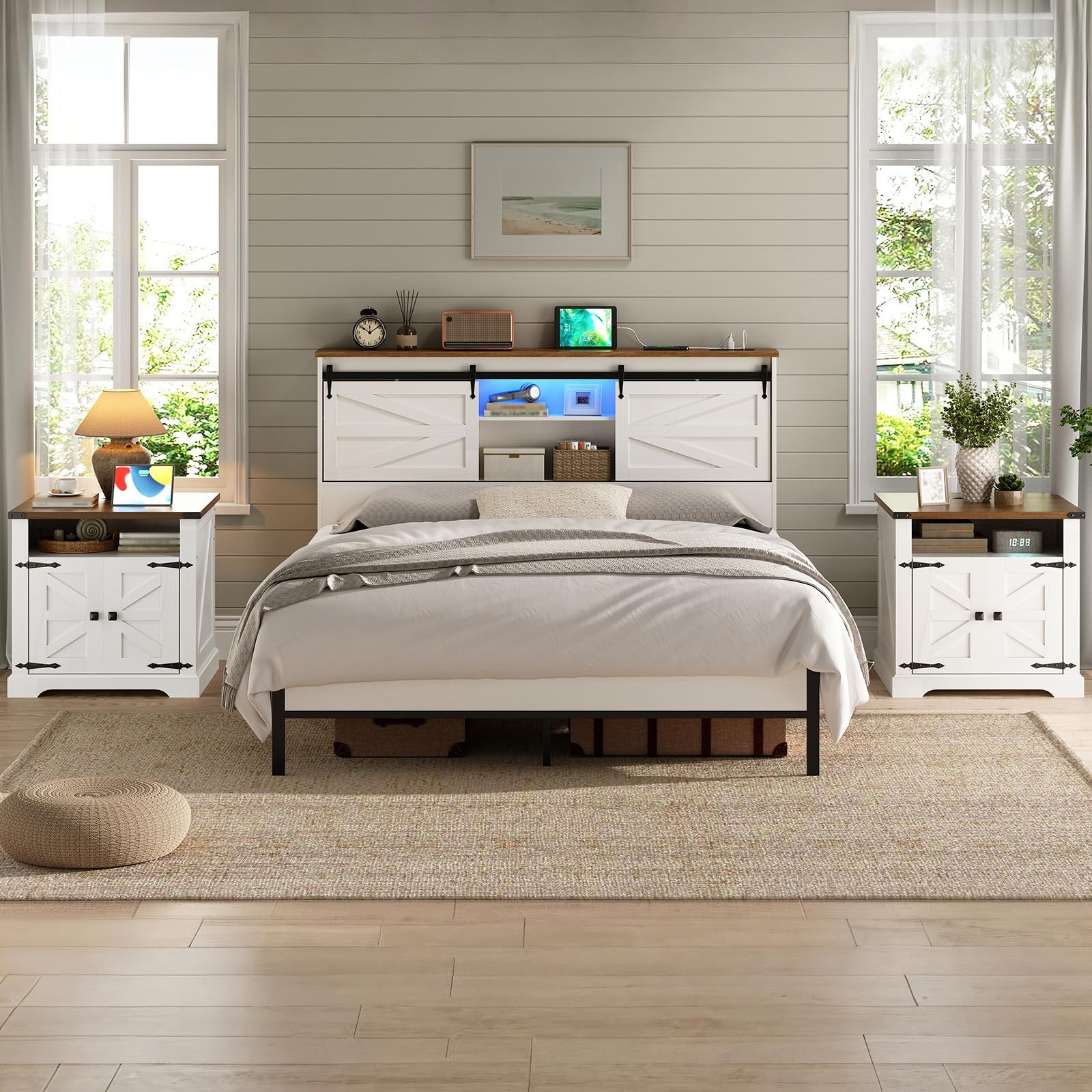 Farmhouse End Table with Charging Station Barn Door Flip Top