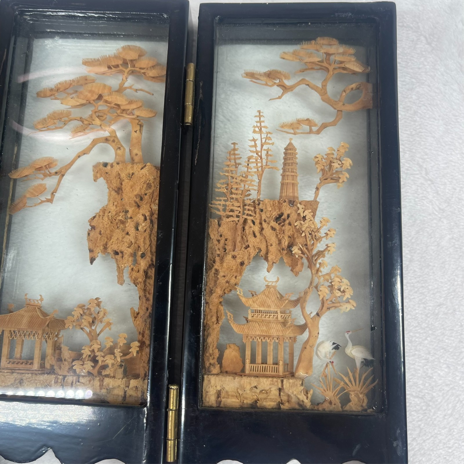 Vintage Chinese Cork Diorama Folding Screen Double Glass Lacquer Wood 4 Panel