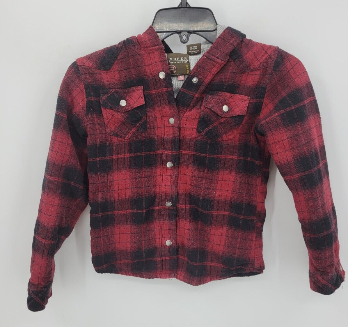 Roper Shirt Jacket Shacket Girls Medium 7-8 Red Black Check Lined Hooded