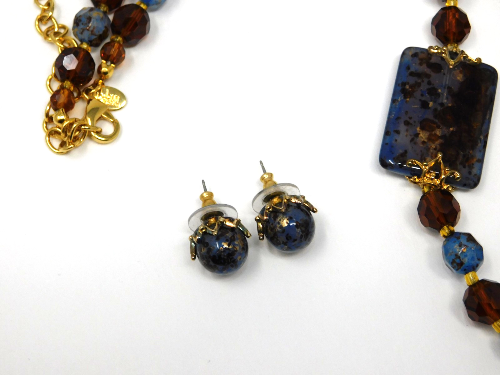 Vintage JOAN RIVERS Faux Lapis & Amber Glass Necklace Bracelet Earrings Set