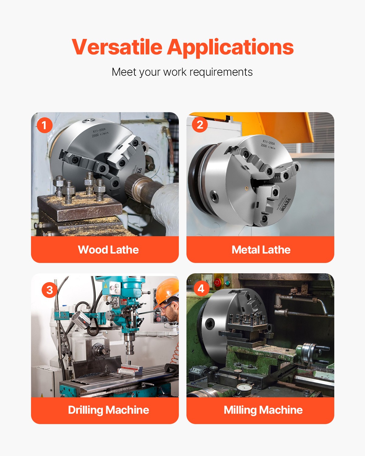 VEVOR 8 Inch 3-Jaw Self-Centering Lathe Chuck with 2 1/4 in-8 Threaded Backing