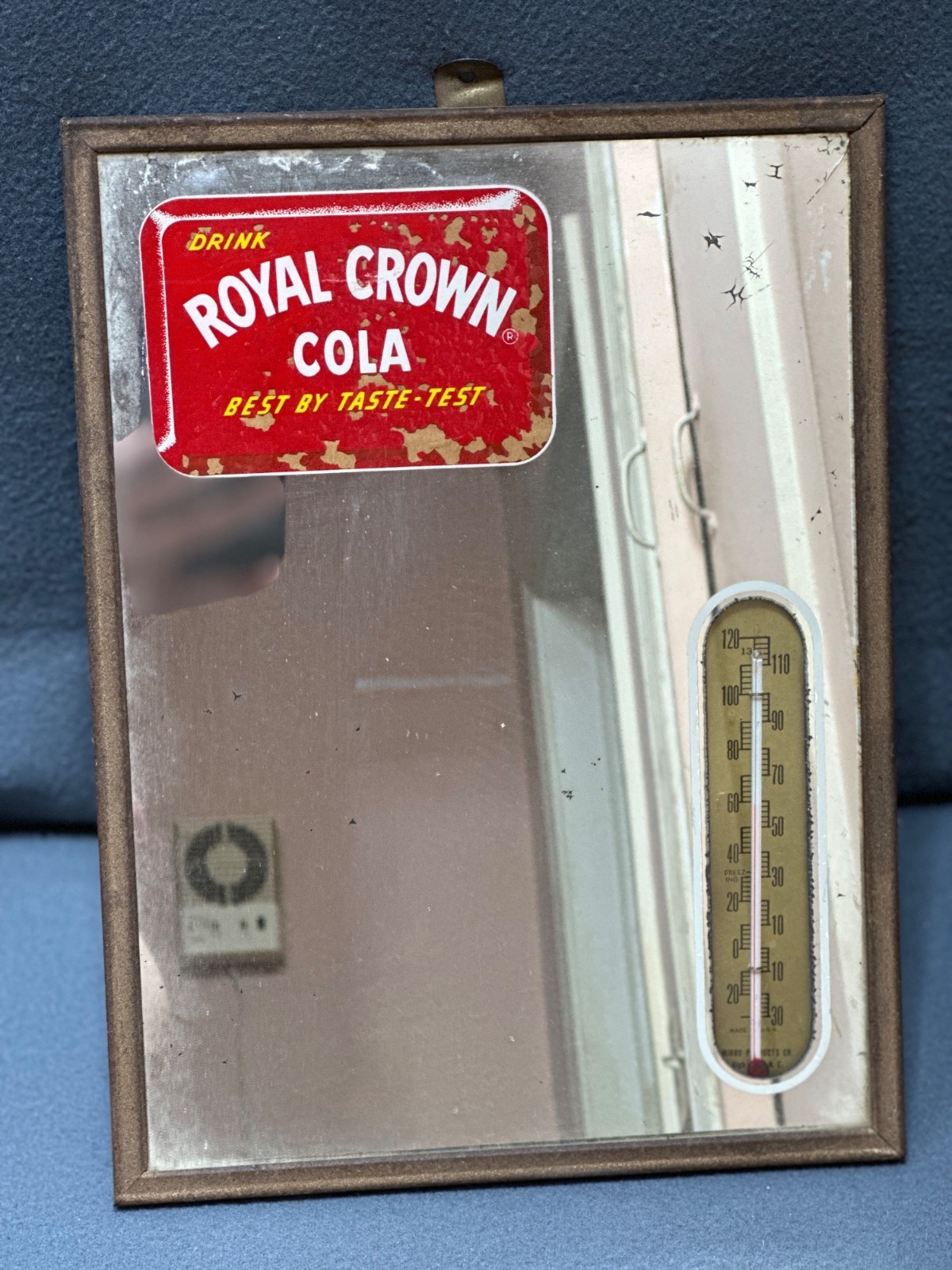 Vintage Royal Crown Cola Mirror Thermometer Wall Hanging Retro 1950s Advertising