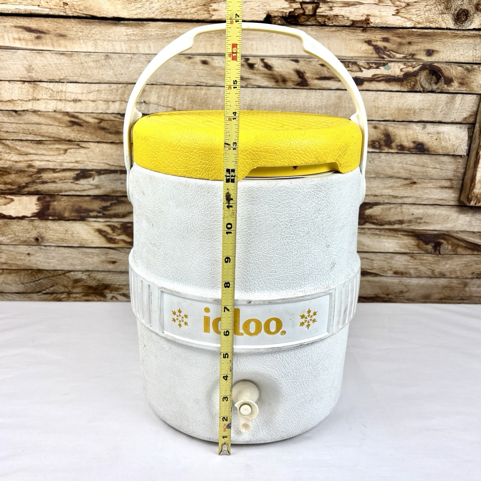 Vintage Igloo 2 Gallon Water Cooler Dispenser Houston TX Yellow White Handle Jug