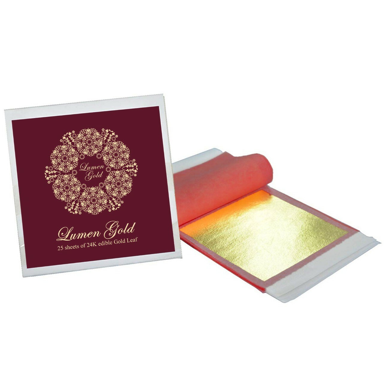 LumenGold Pure 24K pure Edible Gold leaf sheets LARGE 8 x 8 cm, 25 Sheets