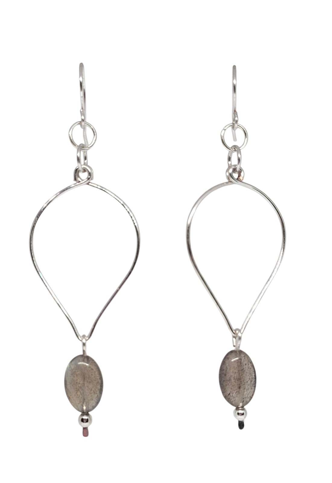 Handmade Gray  Labradorite Gemstones Silver Teardrop Hoop Boho Earrings
