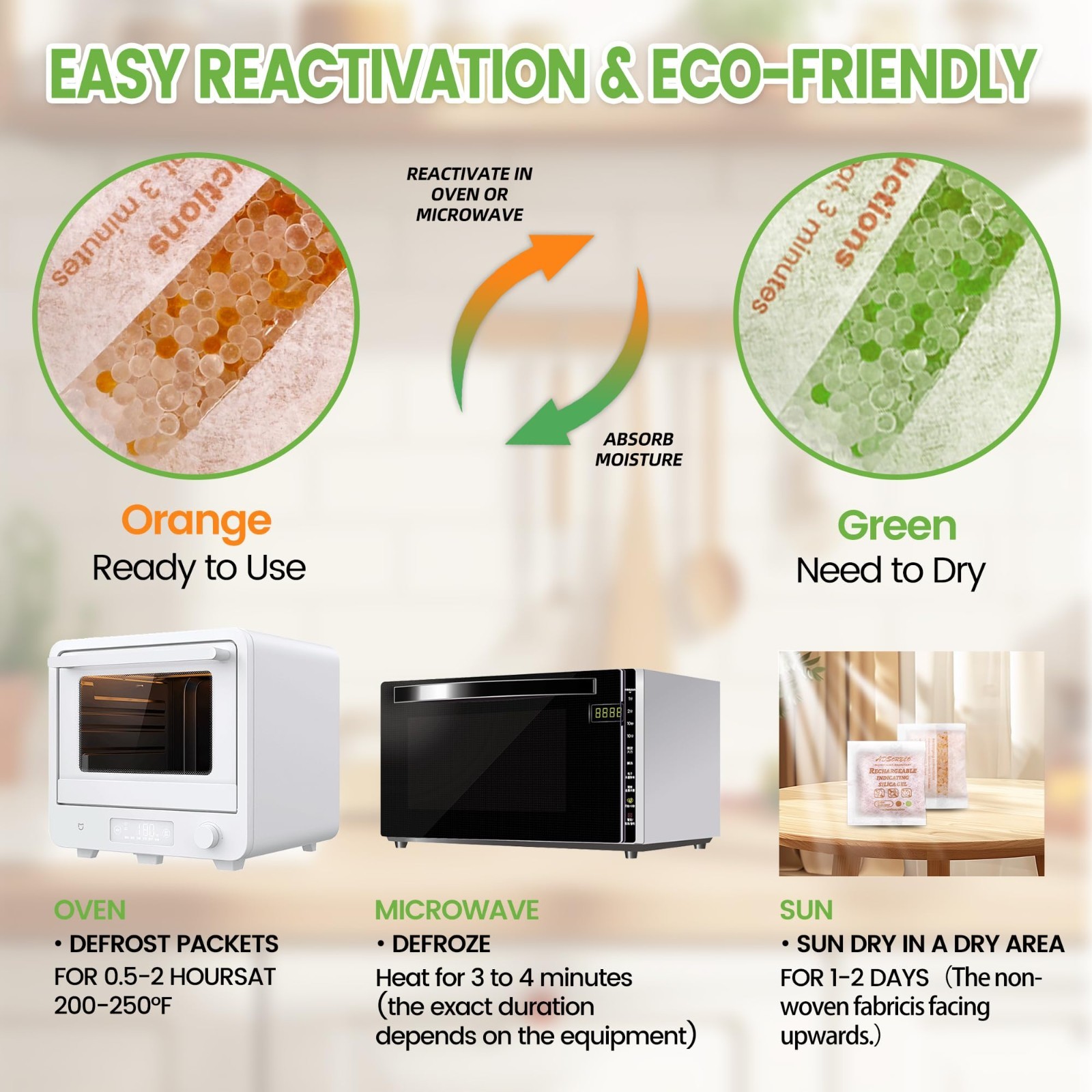 (200 Gram 3 Packages) Adsorbco Rechargeable Silica Gel Packets