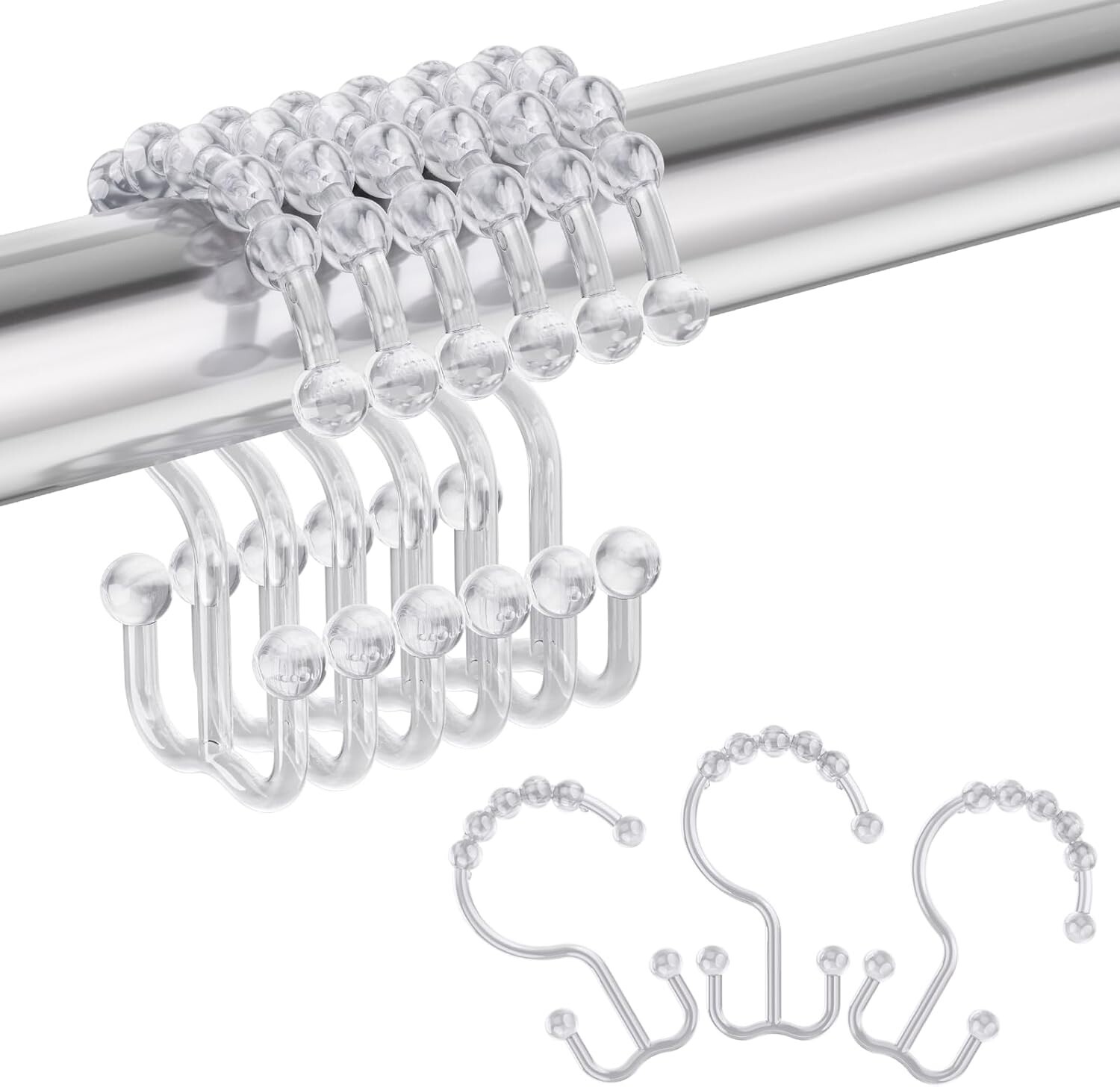 Amazer Plastic Shower Curtain Hooks Double Clear Bathroom Set of 12