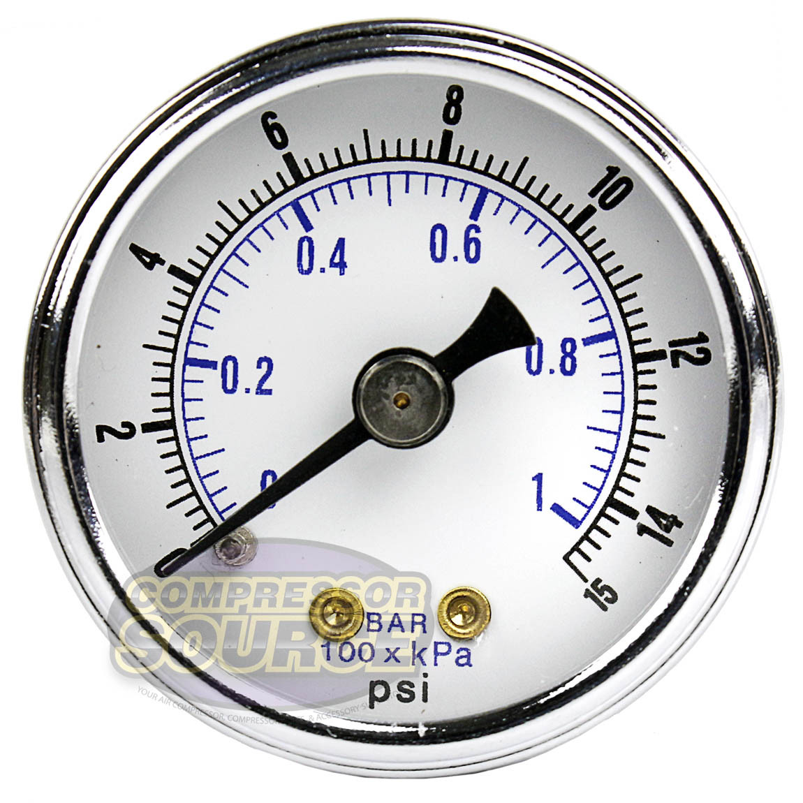 1/8" NPT Air Pressure Gauge 0-15 PSI Back Mount 1.5" Face Diameter