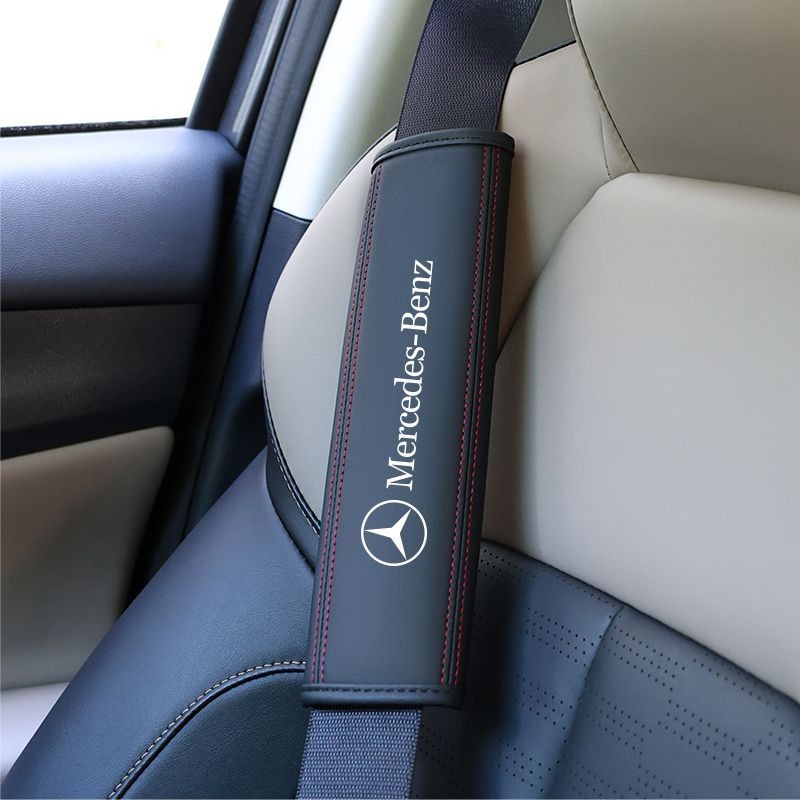 2PCS Car Seat Belt Cover Shoulder Pads Protector for Mercedes Benz Black Leather