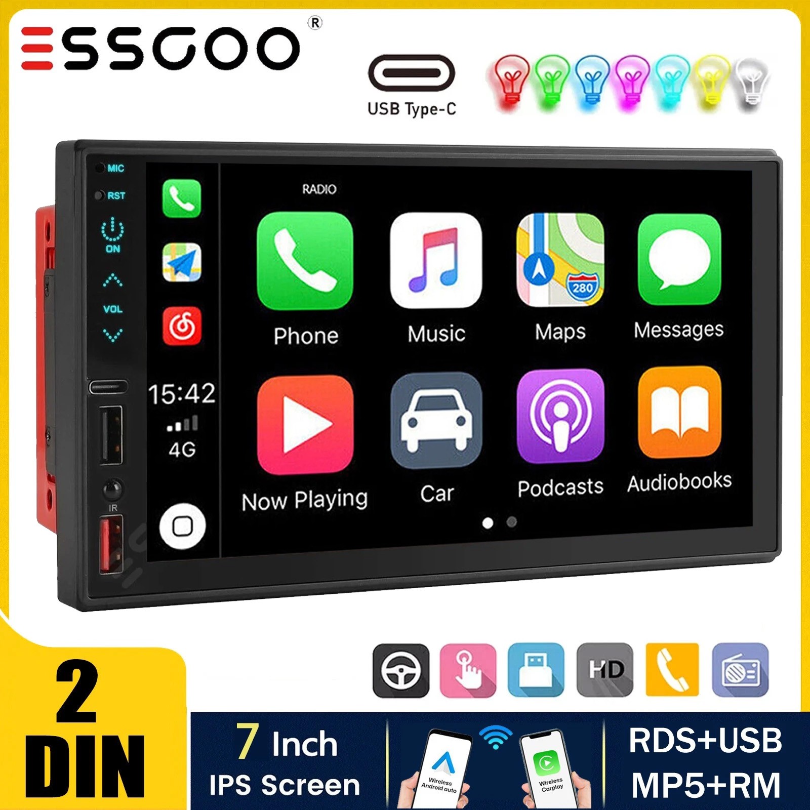 Double 7" 2Din Touch Screen Car Stereo Bluetooth Radio Apple/Android Carplay BT