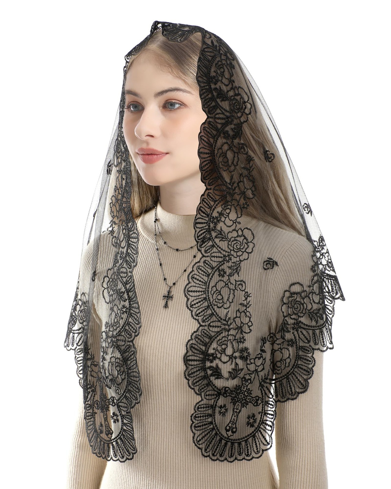 Mantilla Veils for Church Catholic, Triangle Black Seven Sorrows Sacred Heart...