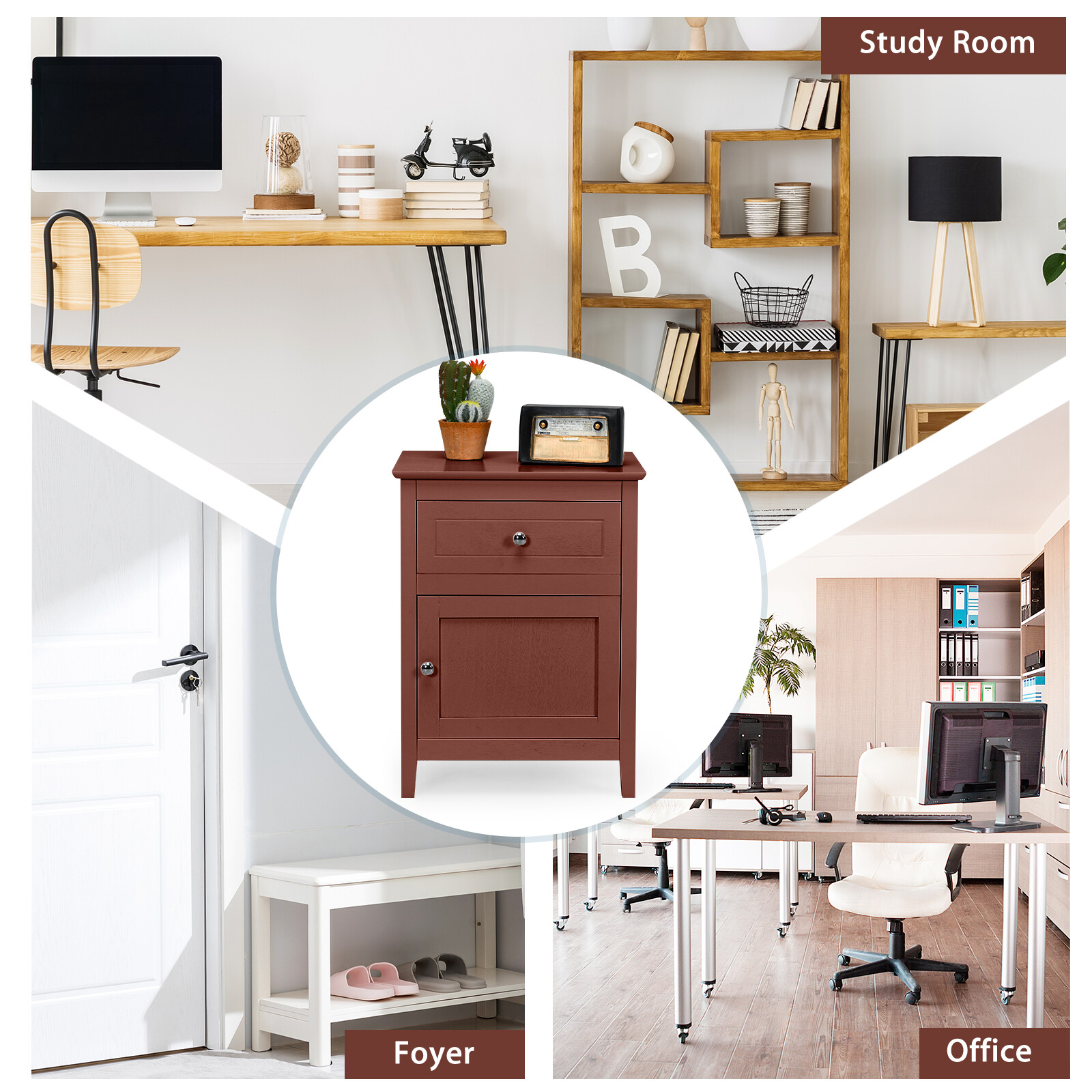 Costway Nightstand with Drawer Accent Side End Table Storage Cabinet Cherry