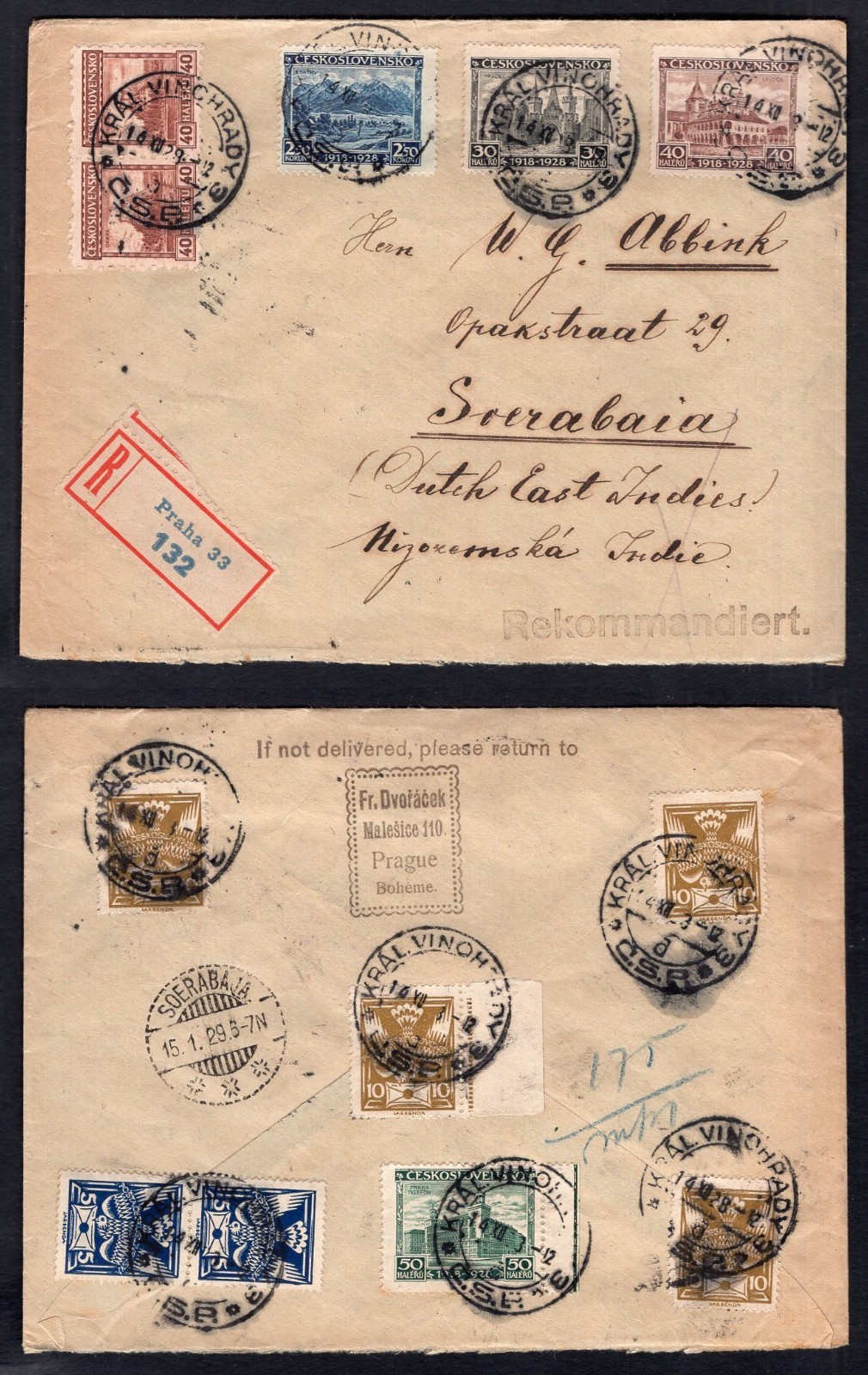 CZECHOSLOVAKIA 1929 Registered Cover to DUTCH EAST INDIES