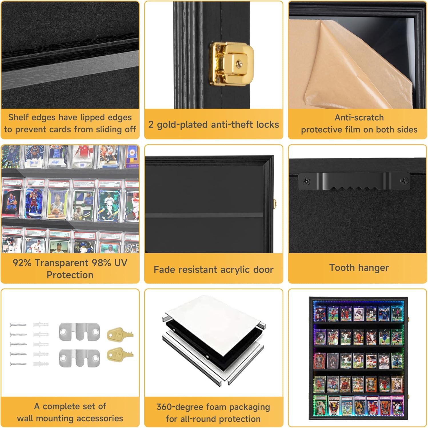 Graded Trading Card Display Case 35 LED Light Sport PSA Slabs Wood Wall Cabinet