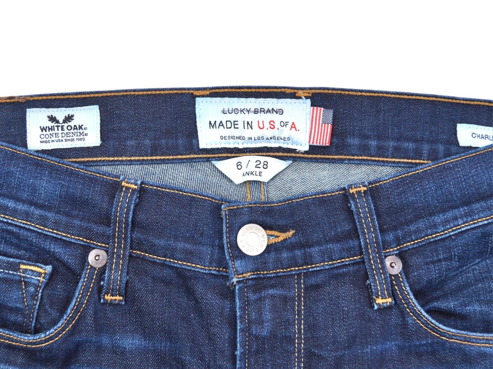 Lucky Brand Charlie Skinny Jeans Womens 6/28 Dark Blue Denim White Oak Cone USA