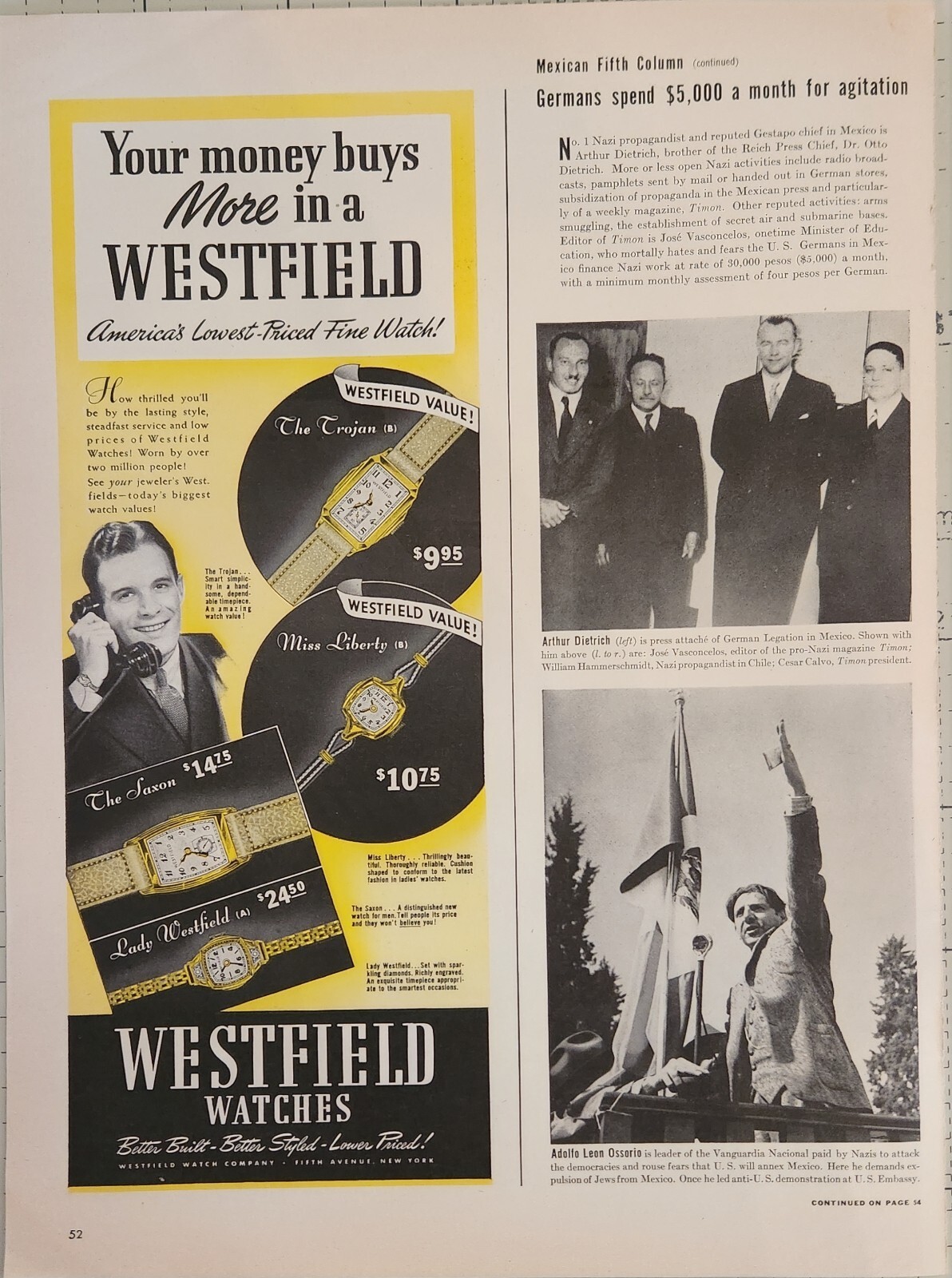 1940 Westfield watches Vintage Ad 14 x 5 your money buys
