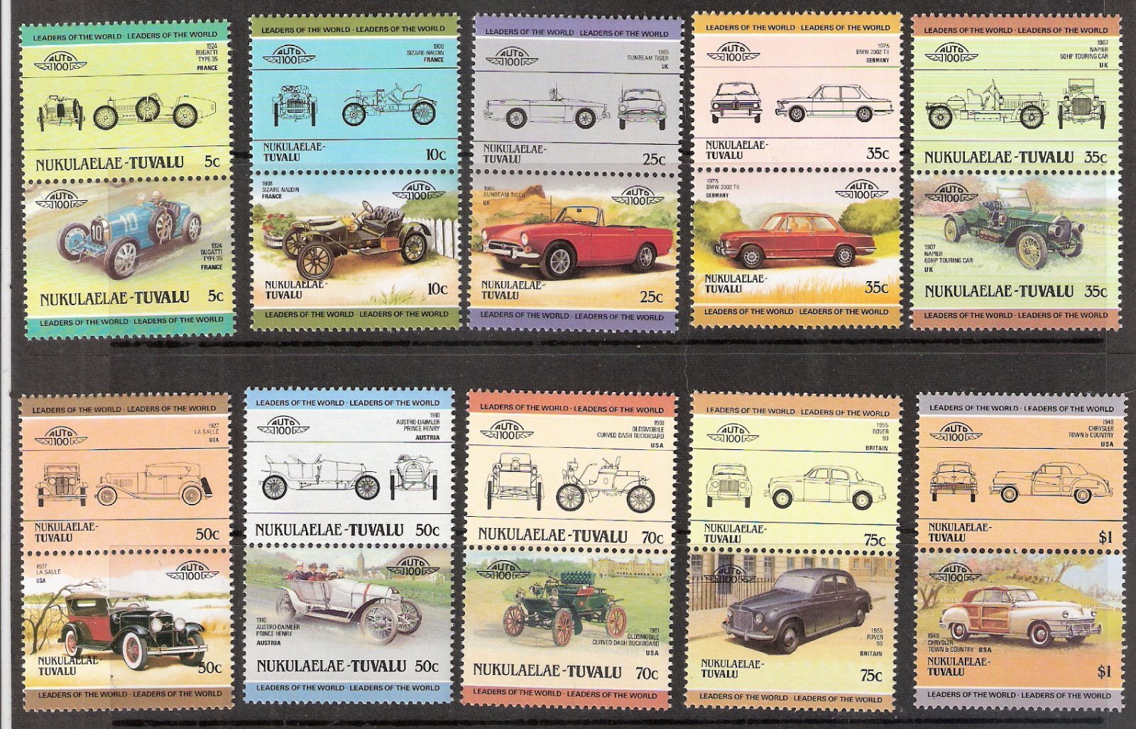 Tuvalu Nukulaelae 1985 Classic Cars Se-Tenant Pairs Complete Set MNH (SC# 25-34)