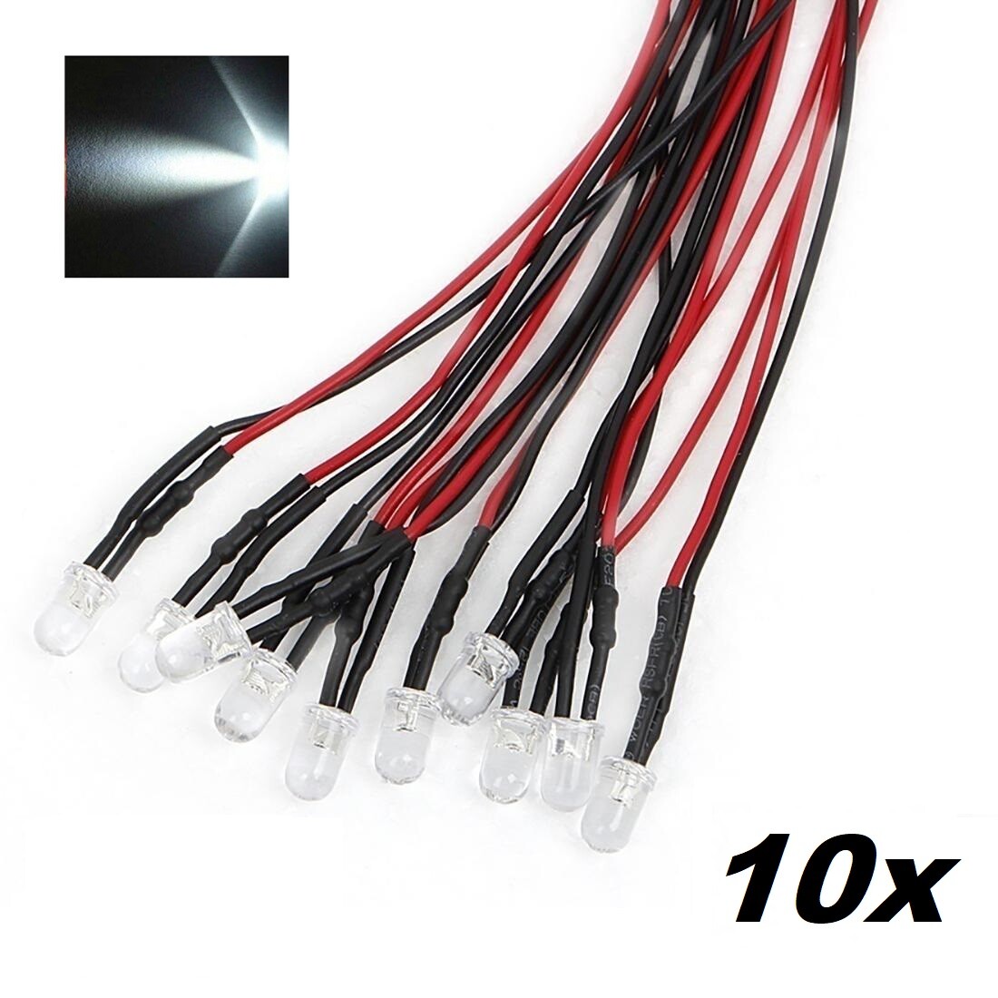 10x White LED Light Single Bulb Pre-Wired Light Emitting Diode 12V DC 5mm Bright