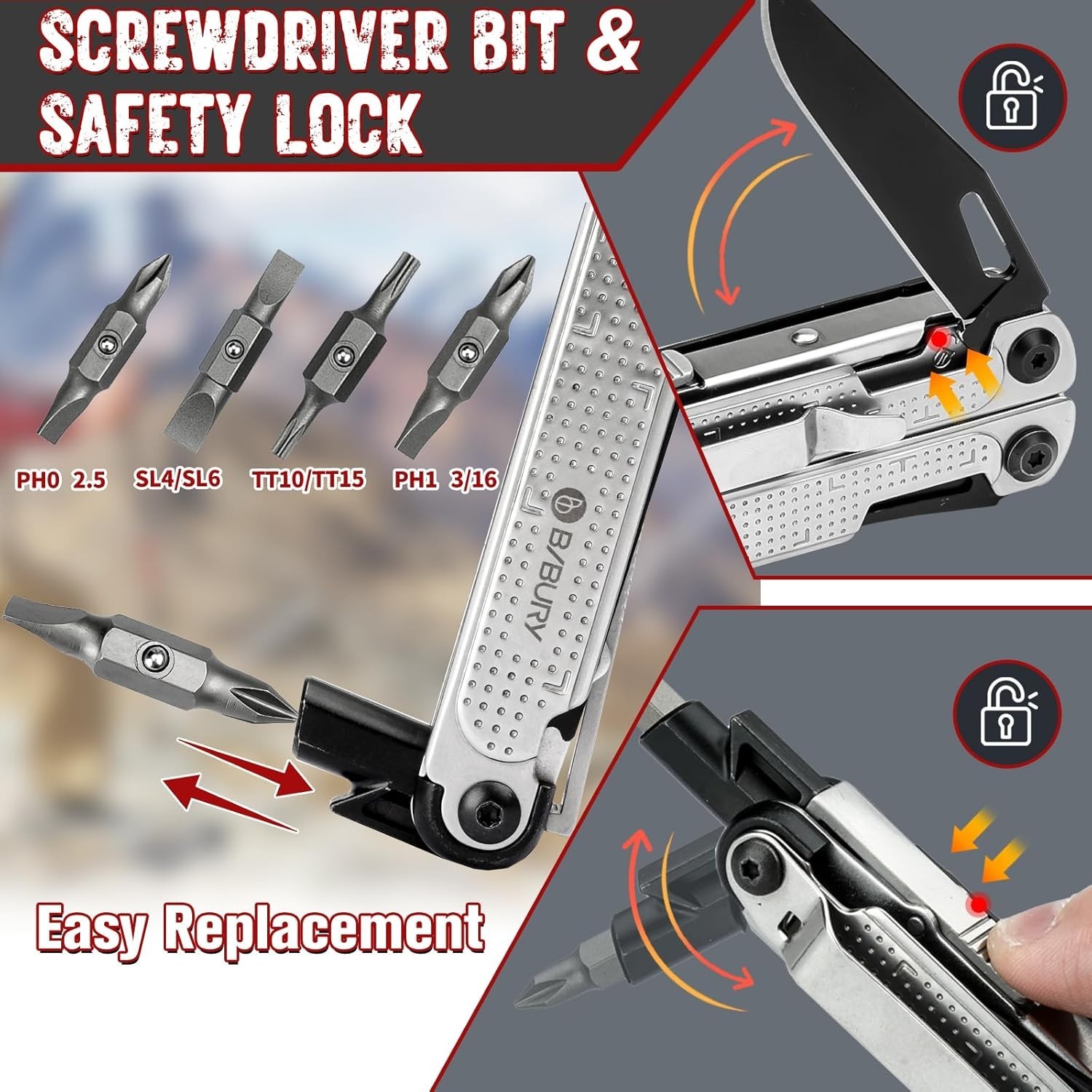 BIBURY Multitool Pliers Stainless Steel Multi Tool Rope Cutter Screwdriver Fold