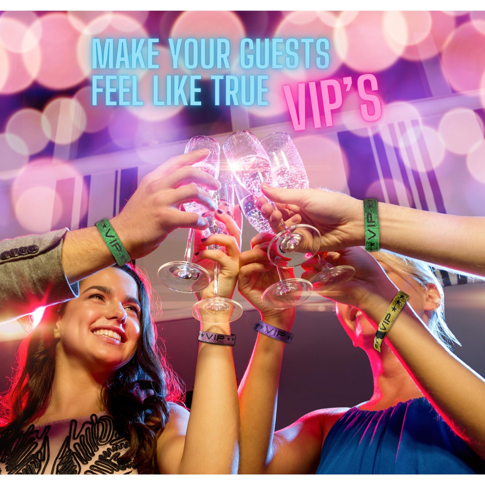 100 Pack Green Glitter VIP Party Wristbands with Secure Locking Clip. Must Ha...