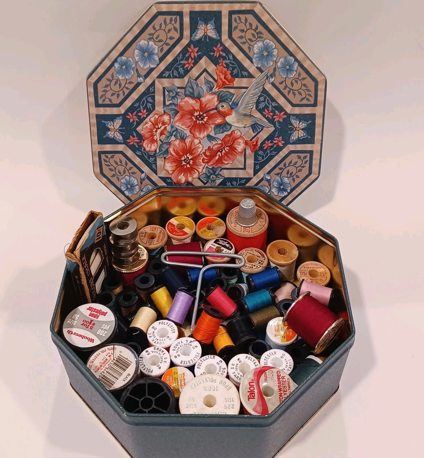 Vintage Tin Full Of Vtg Thread Every Color Wooden Spools Thimble Chalk Etc