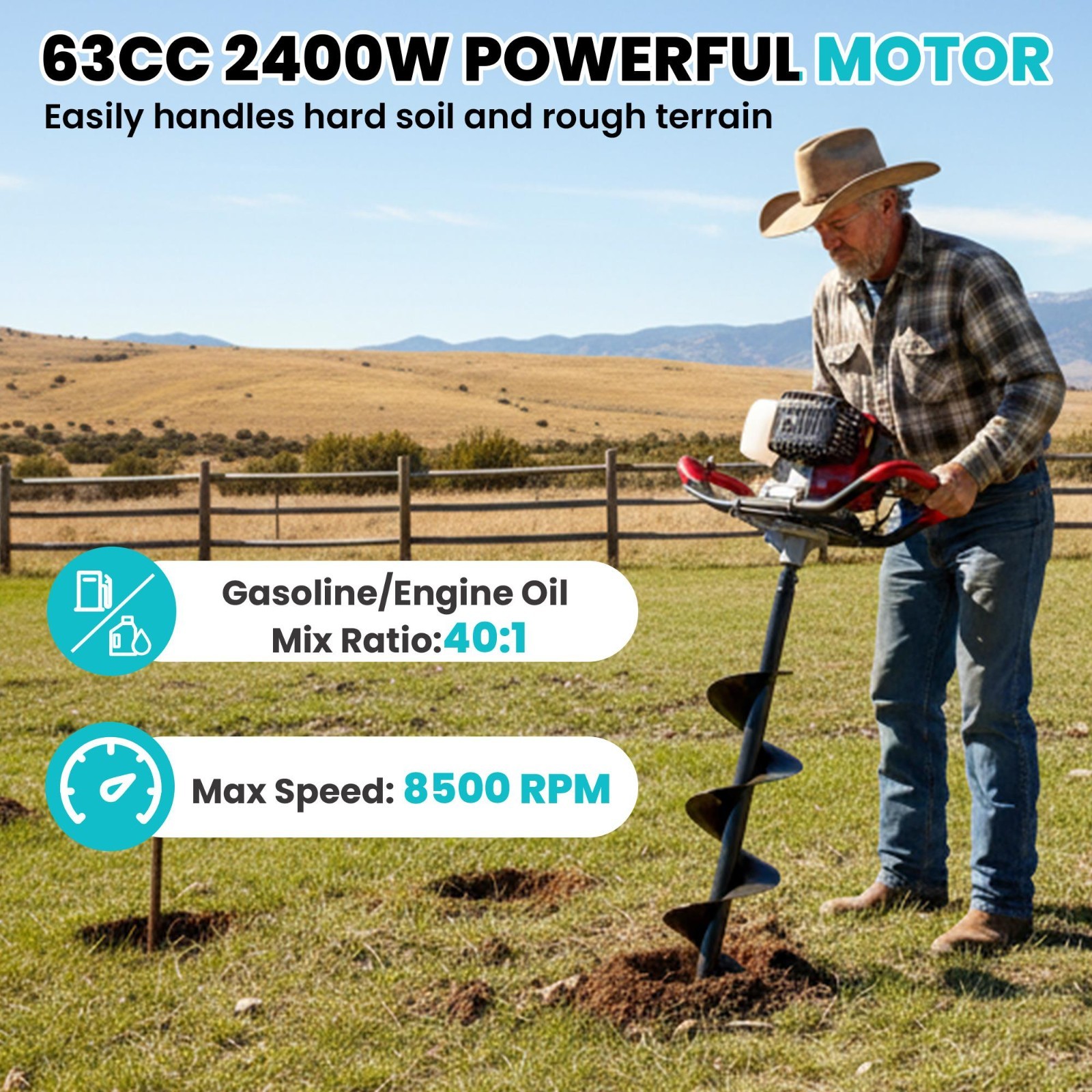 63cc Gas Powered Earth Auger Post Hole Digger Bit Set