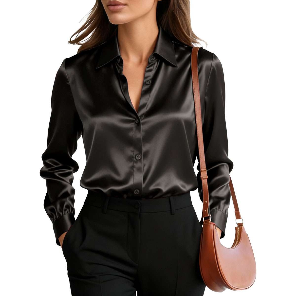 Elegant Women Satin Shirt Solid Color Long Sleeve Blouse Casual Button Down Tops