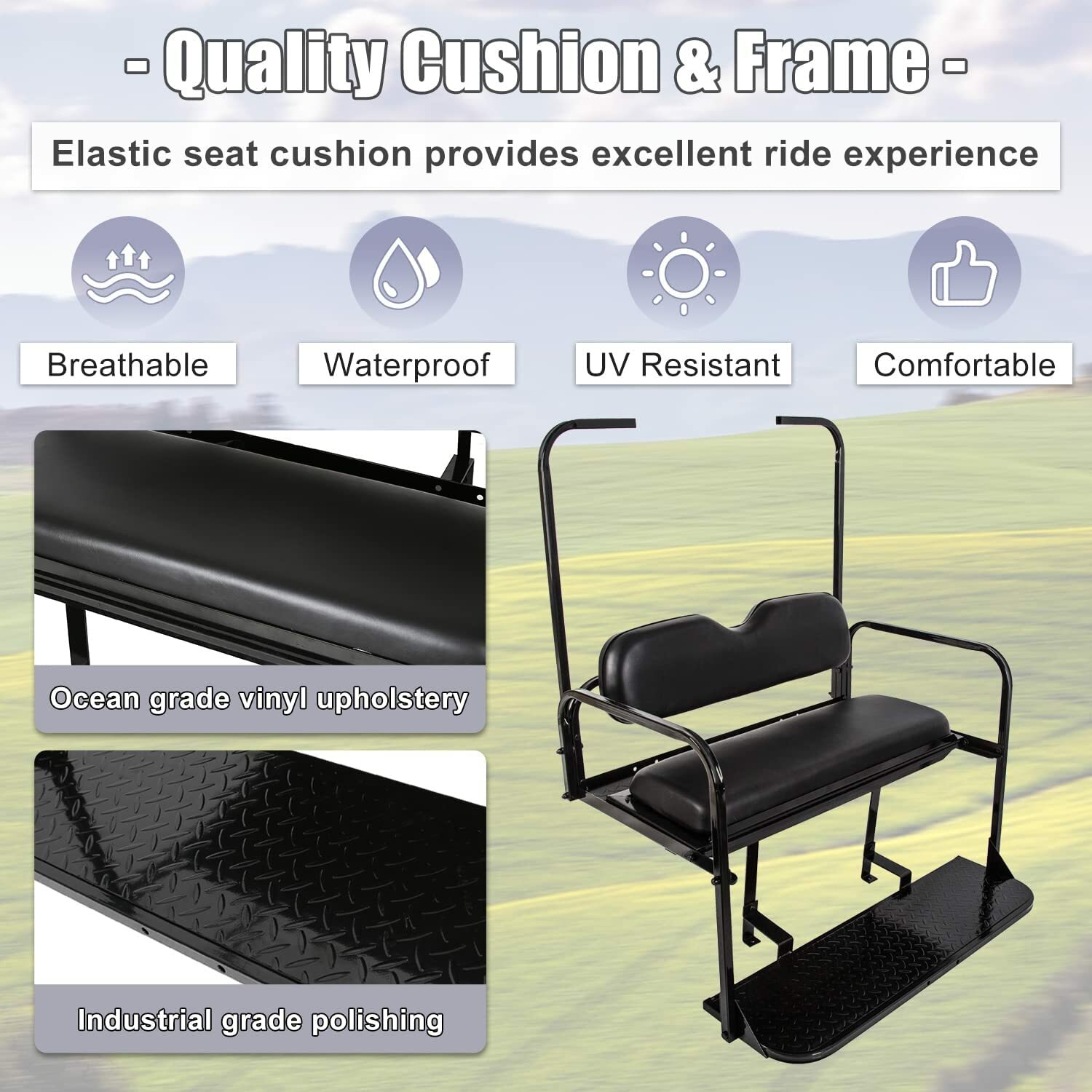 For EZGO TXT Golf Cart Flip Folding Rear Back Seat with Roof Support Kit - Black