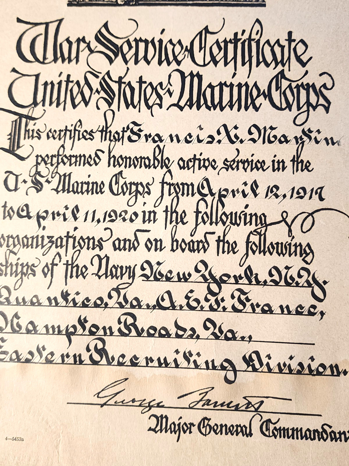 WWI 1918-20 USMC MARINE CORPS SERVICE CERTIFICATE AEF FRANCE